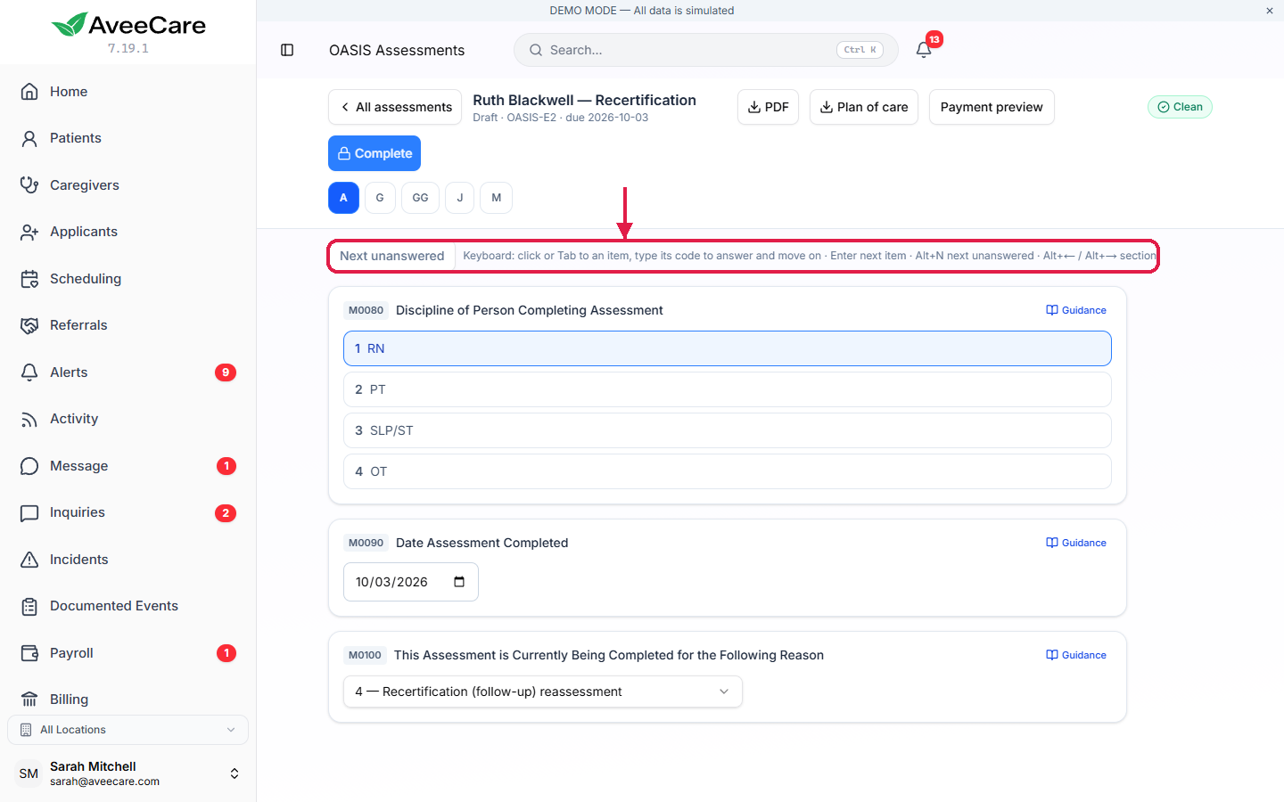 An OASIS-E2 recertification on section A with the Next unanswered button and the keyboard shortcuts line outlined above item M0080