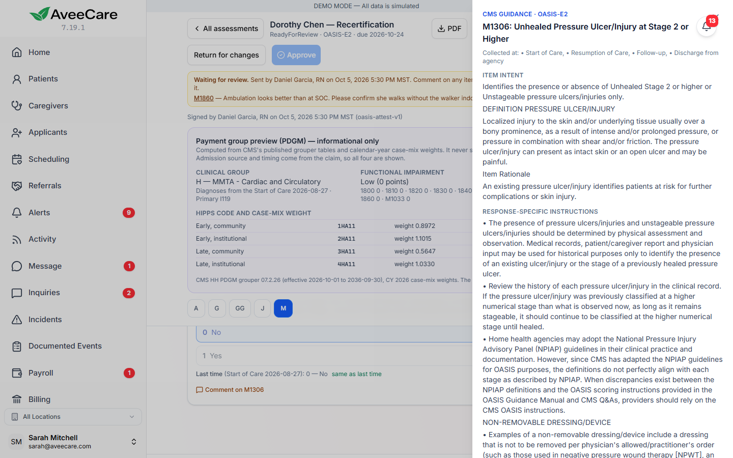 The CMS guidance drawer for M1306 unhealed pressure ulcer or injury at stage 2 or higher, showing item intent and response-specific instructions, with the Last time answer from the start of care and a same as last time link on the form behind it