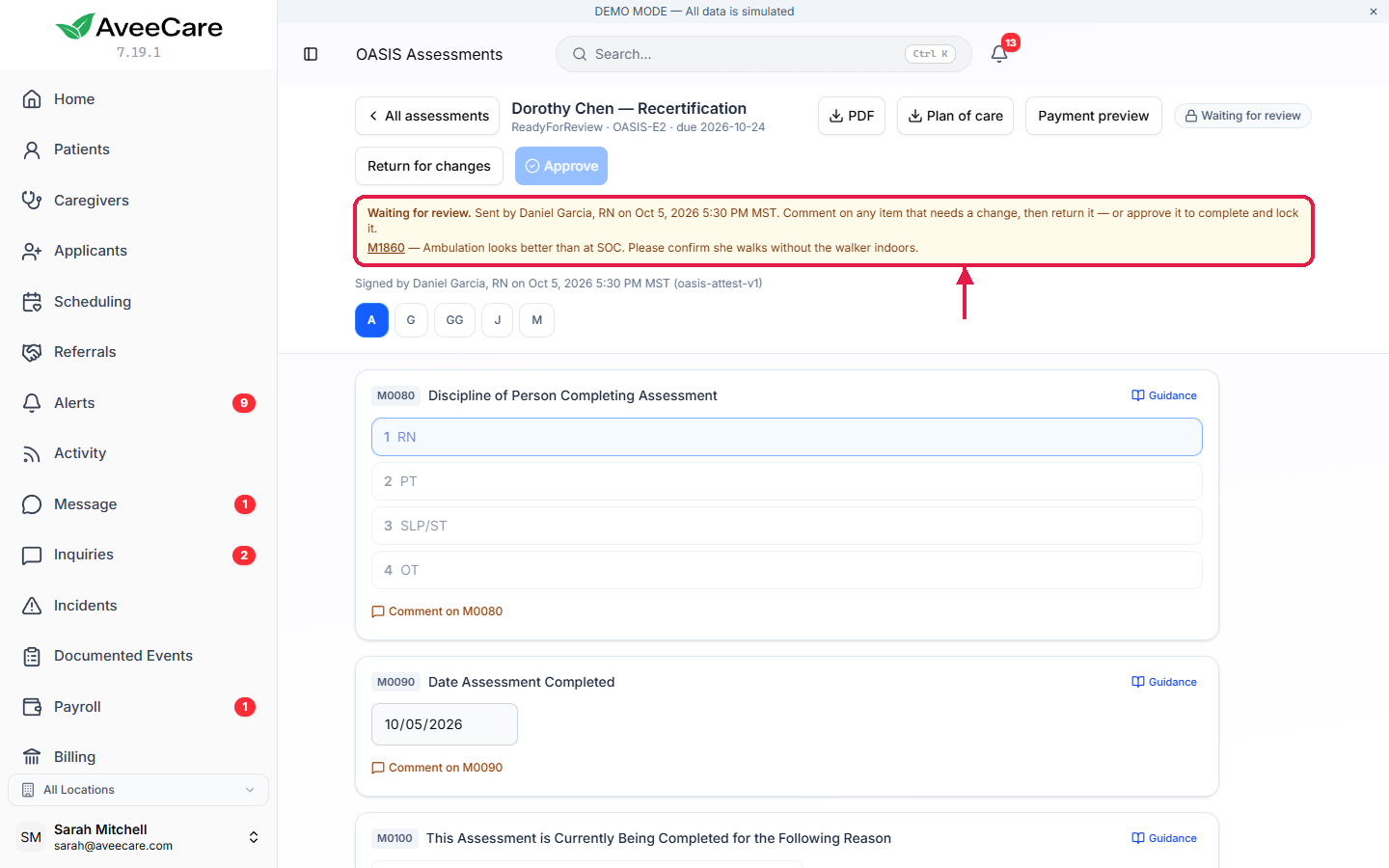 A recertification waiting for review, with the outlined banner saying who sent it and when, and a reviewer comment on M1860, beside the Return for changes and Approve buttons