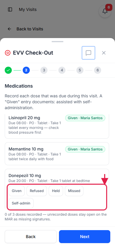 The Medications step of a caregiver’s visit check-out on a phone