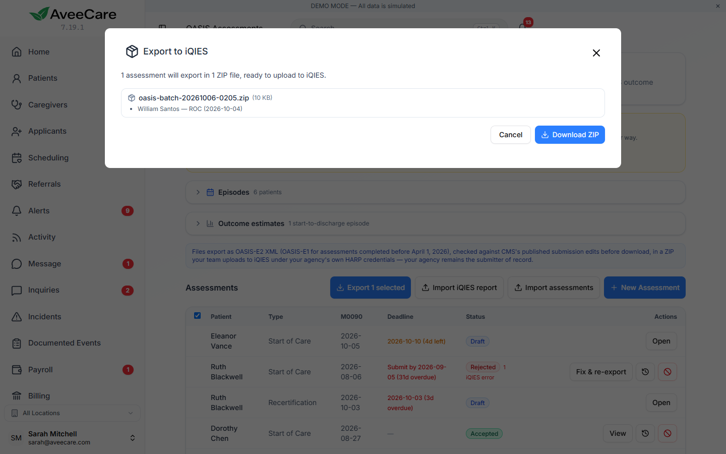 The Export to iQIES window saying 1 assessment will export in 1 ZIP file, ready to upload to iQIES, listing the ZIP name and size and the resumption of care record inside, with Cancel and Download ZIP buttons