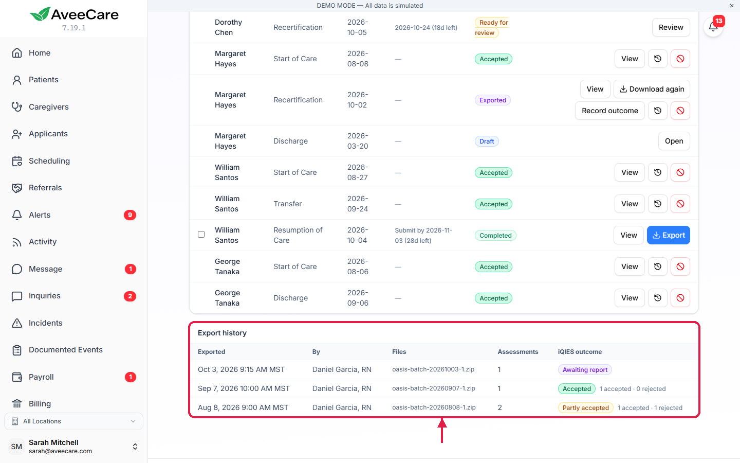 The outlined Export history table listing three exports with date, who exported them, the ZIP file name, the number of assessments and the iQIES outcome: Awaiting report, Accepted, and Partly accepted