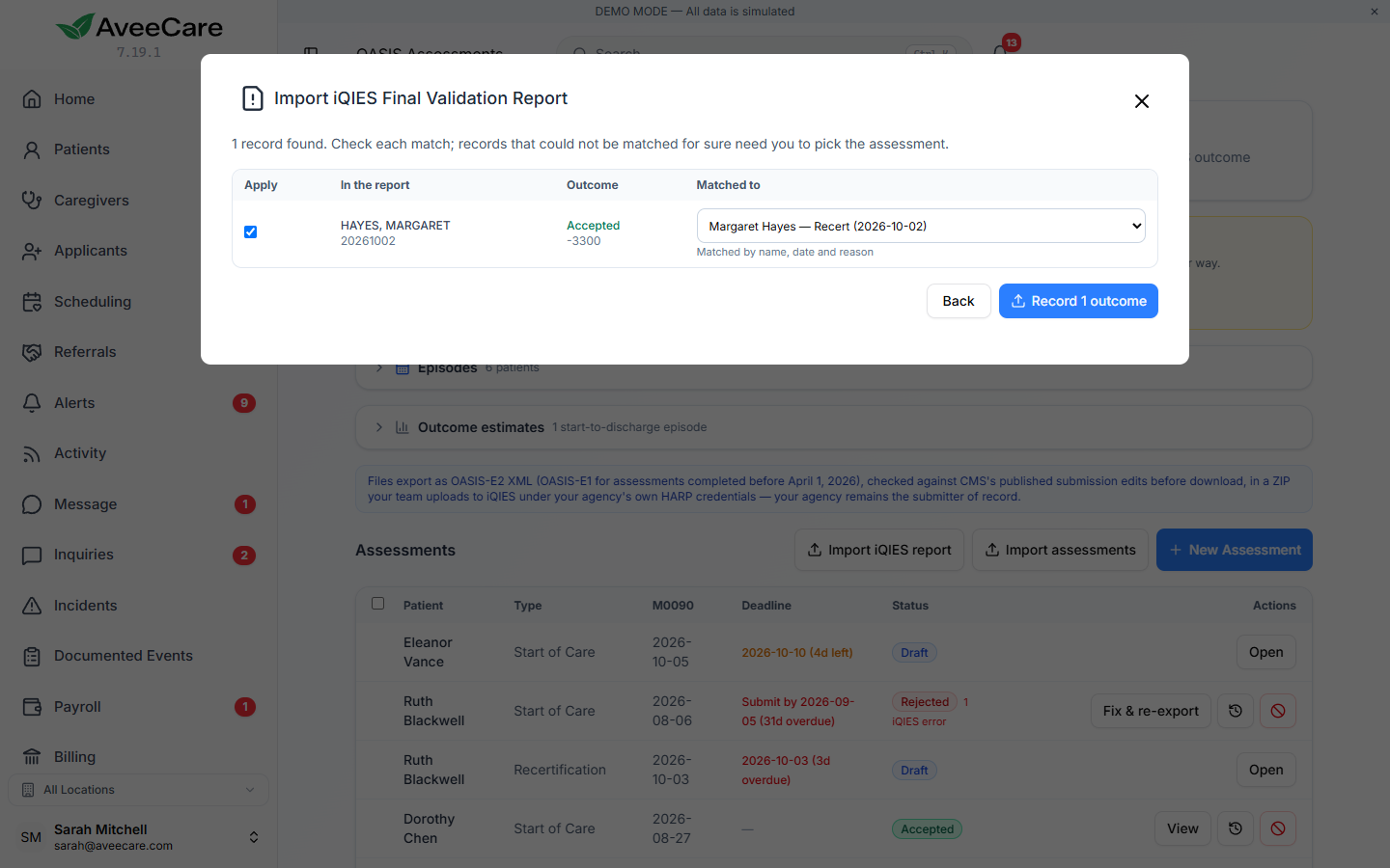 The Import iQIES Final Validation Report window with one record from the report marked Accepted, matched to Margaret Hayes recertification by name, date and reason, and a Record 1 outcome button