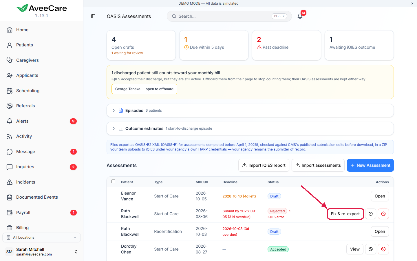 The OASIS assessments table with a Rejected start of care for Ruth Blackwell showing 1 iQIES error, a submission deadline 31 days overdue, and the Fix & re-export button outlined