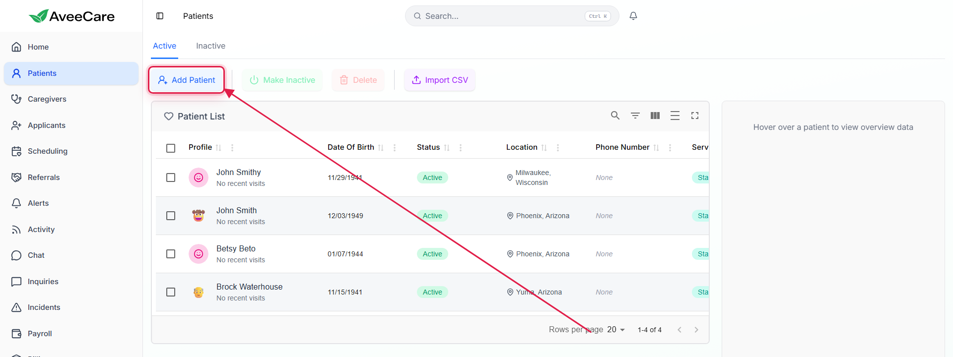 Add Patient button on the Patients page