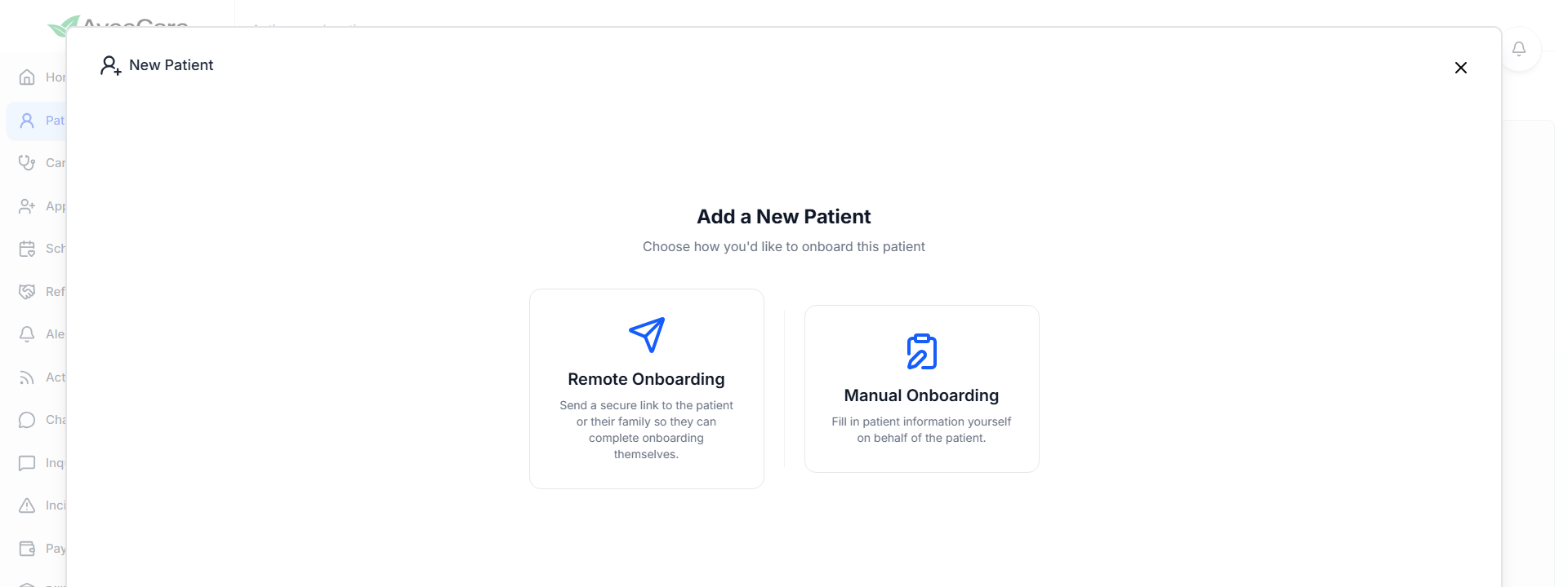 Add a New Patient modal showing Remote Onboarding and Manual Onboarding cards