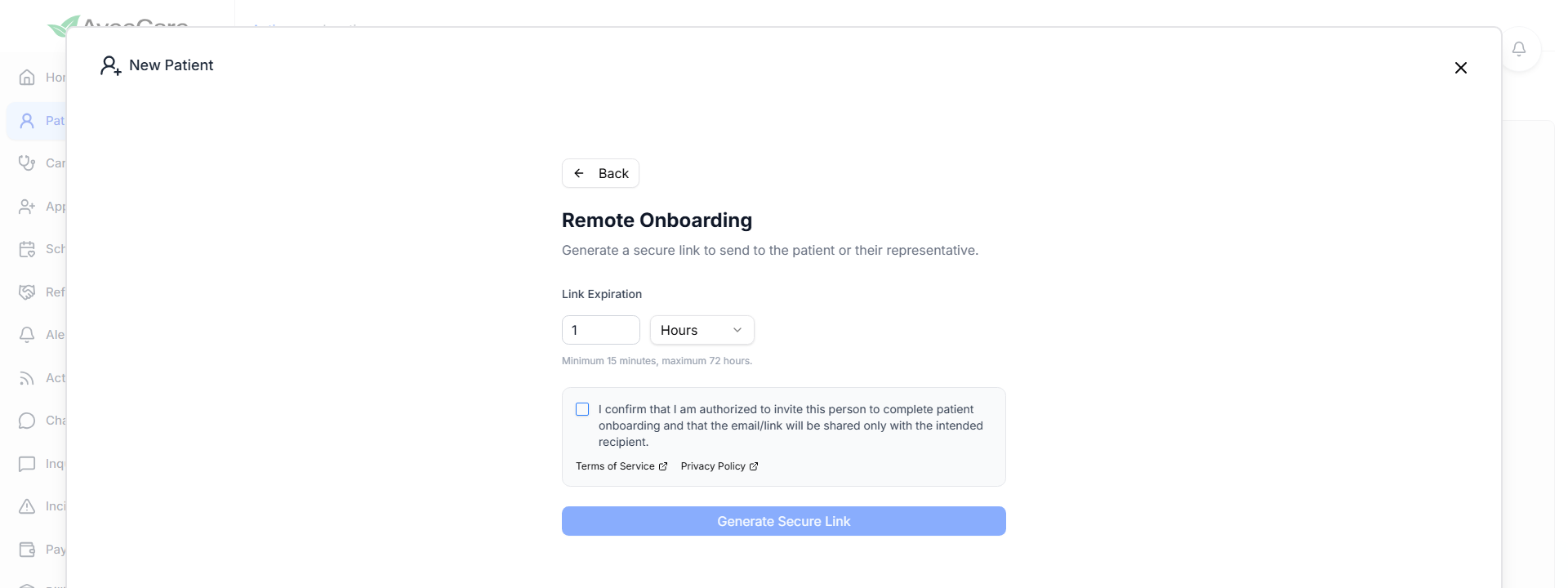 Remote Onboarding screen with Link Expiration field and authorization checkbox