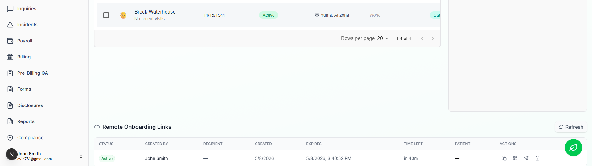 Remote Onboarding Links table at the bottom of the Patients page