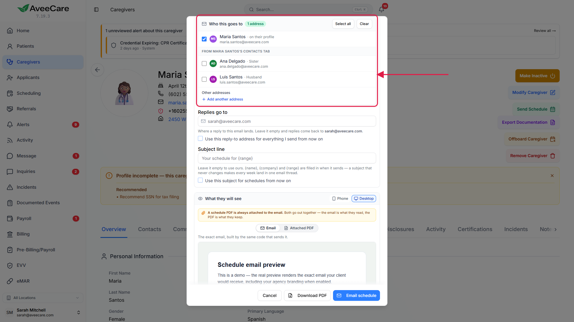 The Send Schedule window with a date range, Who this goes to, and the email preview