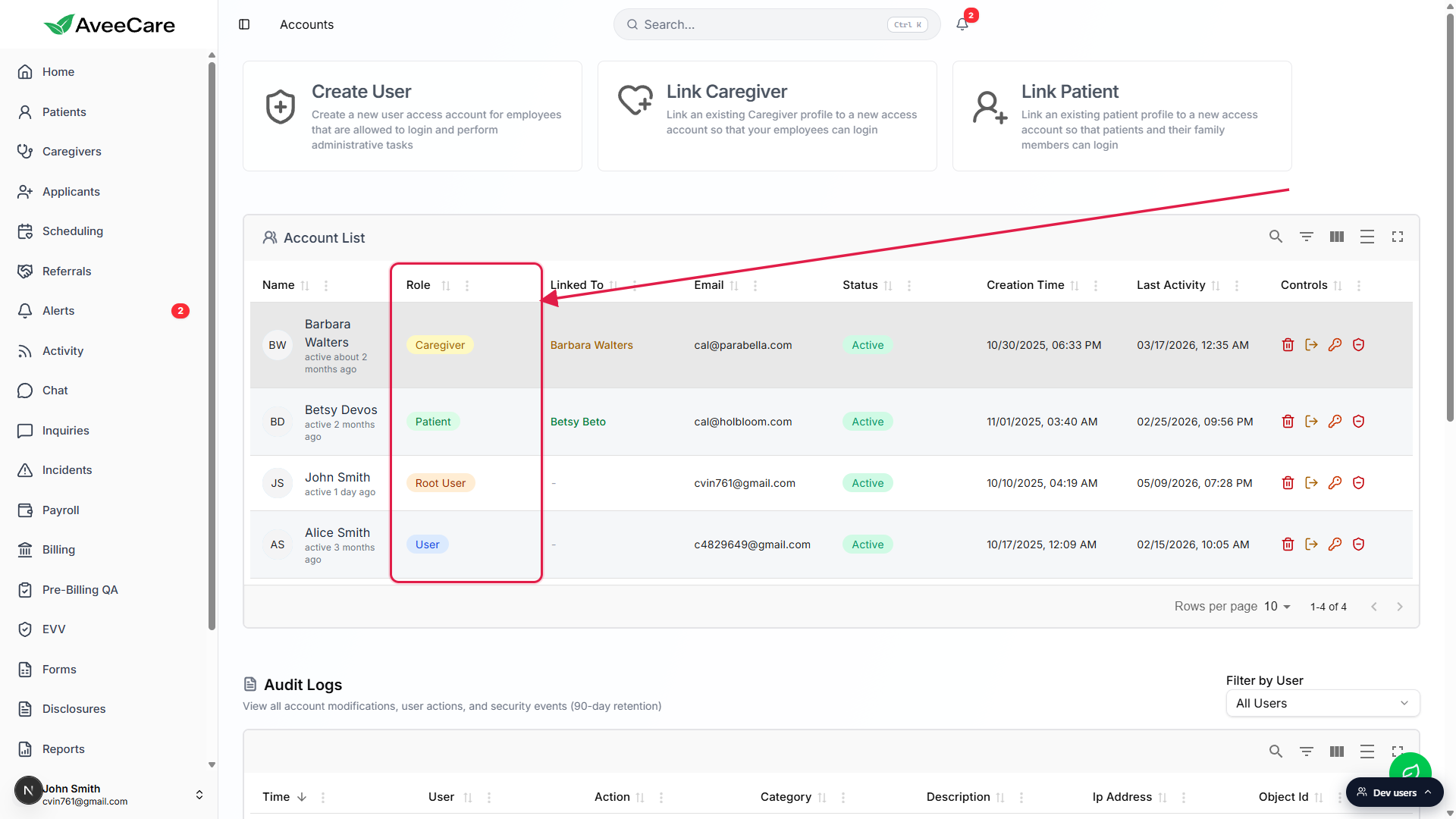 Account List on the Accounts page with the Role column highlighted by a red box and arrow, showing colored pills for Caregiver, Patient, Root User, and User across four rows