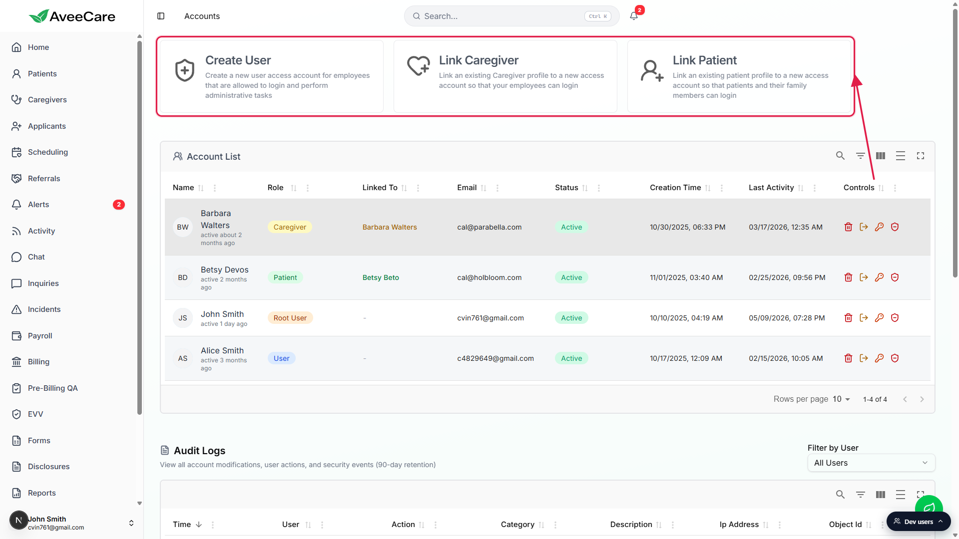 Accounts page with the three entry cards Create User, Link Caregiver, and Link Patient called out