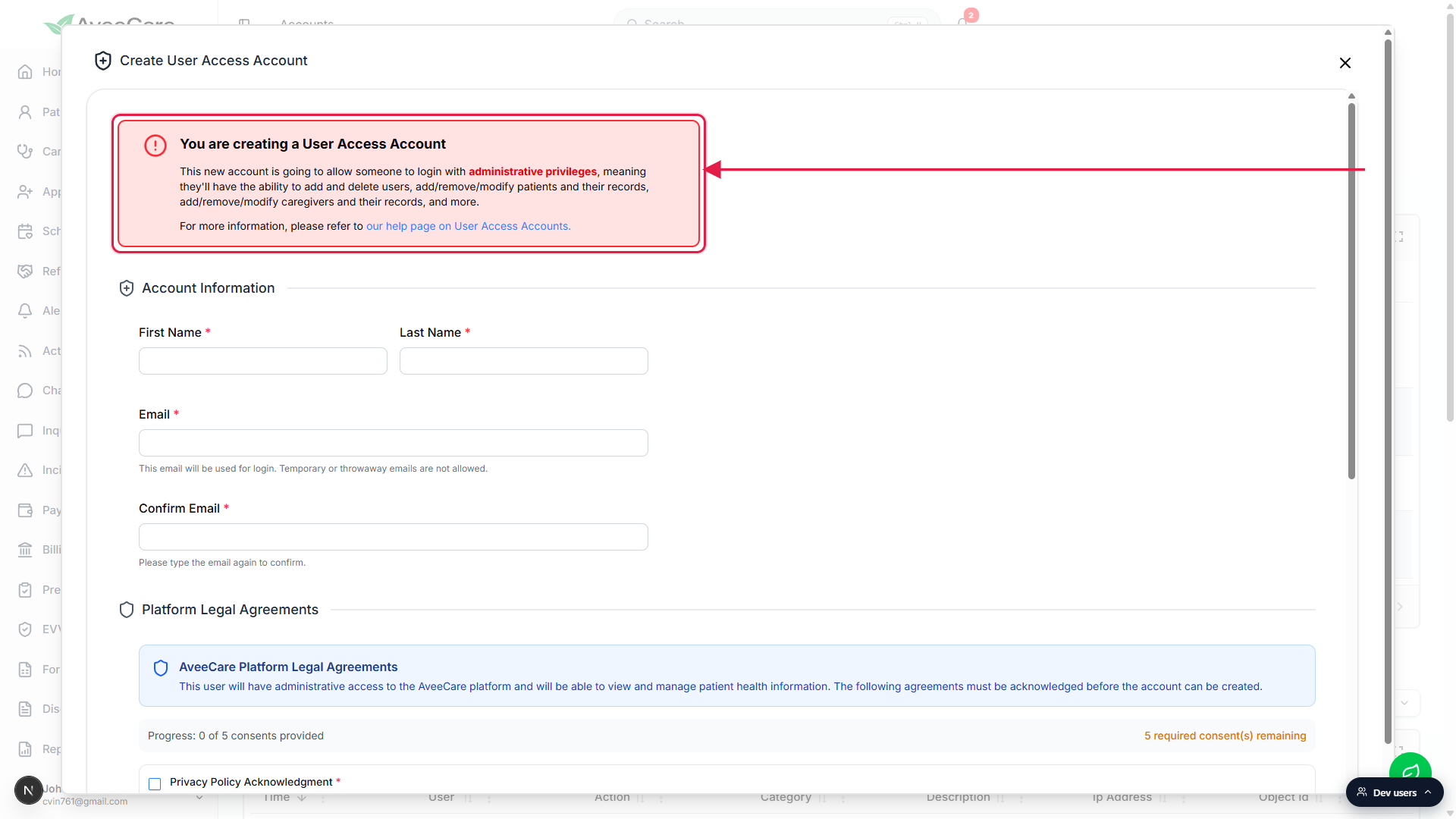 Red warning panel inside the Create User Access Account modal stating that the new account will have administrative privileges, enclosed in a red box and called out by an arrow