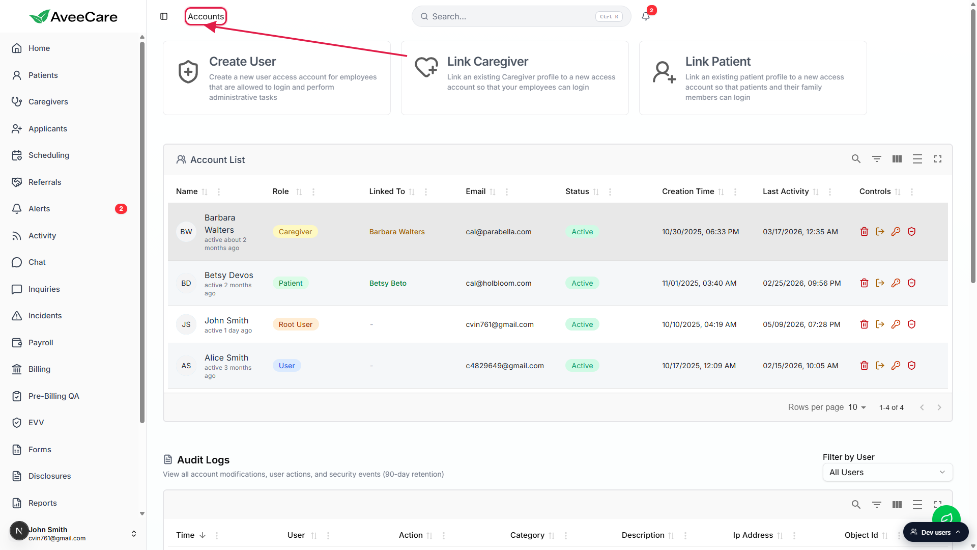 Accounts page with the page title called out, showing the three entry cards above the Account List table