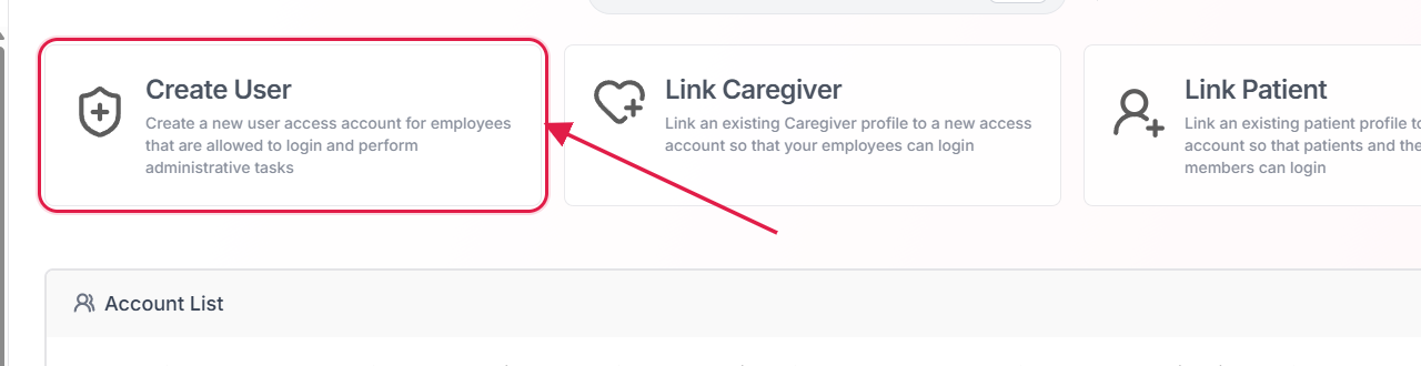 Create User entry card highlighted, with the Link Caregiver and Link Patient sibling cards visible for context