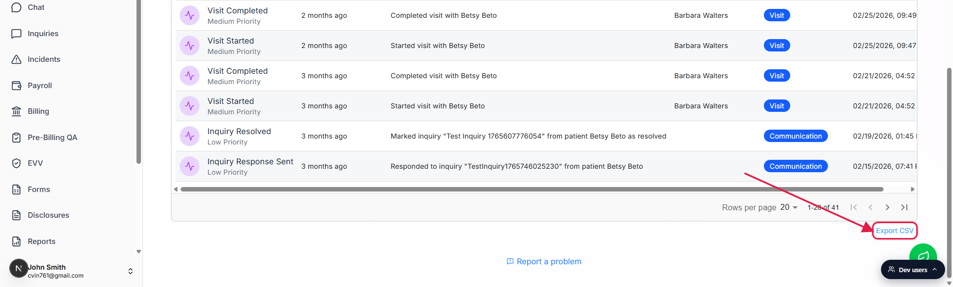 Bottom of the Activity Feed showing pagination controls and the Export CSV button highlighted with a red box and an arrow