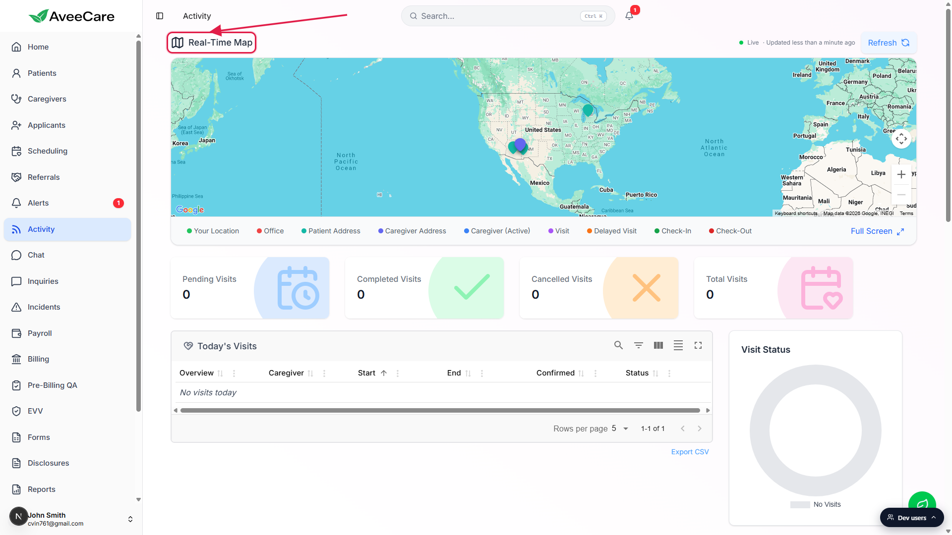 Activity page with the Real-Time Map heading called out in a red box, the Google Maps view filling most of the card, and the marker filter row visible below it