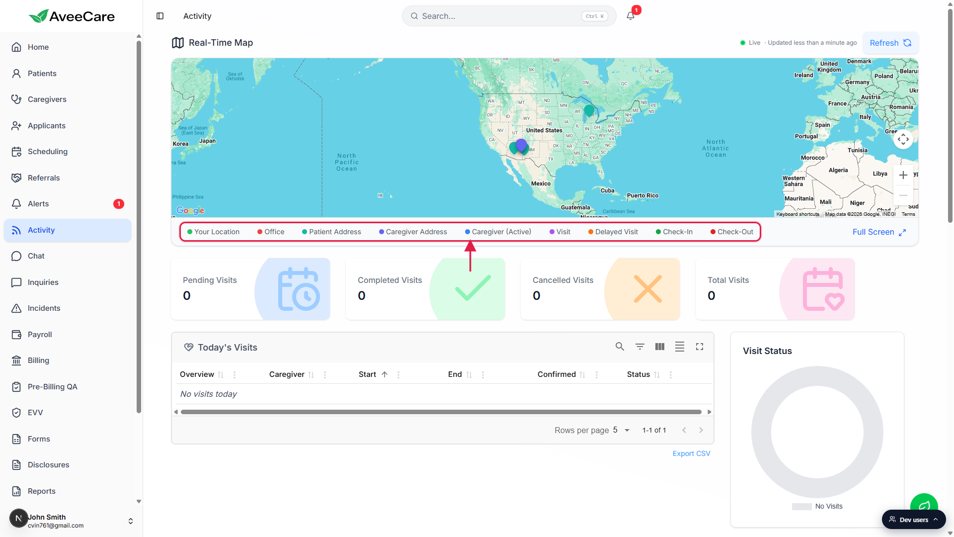 Marker legend row under the map showing the nine entity types: Your Location, Office, Patient Address, Caregiver Address, Caregiver (Active), Visit, Delayed Visit, Check-In, Check-Out, called out with a red box