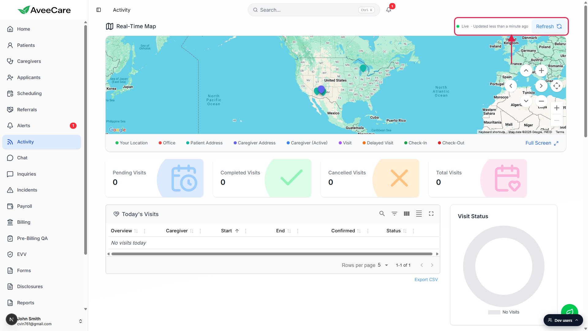 Top right of the Real-Time Map card with the Live pill, the Updated less than a minute ago timestamp, and the Refresh button called out with a red box