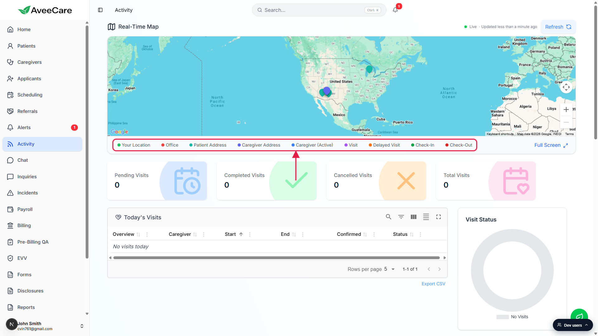 Activity page Real-Time Map with the marker filter chip row underneath called out with a red box