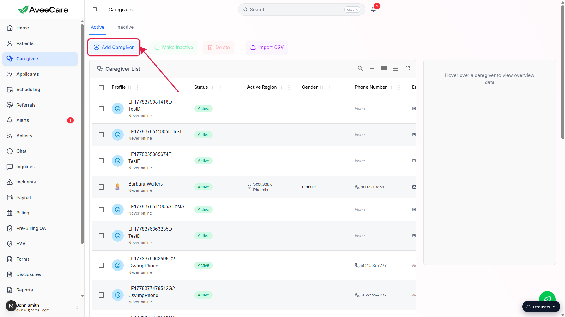 Caregivers page with the Add Caregiver button highlighted in the action bar