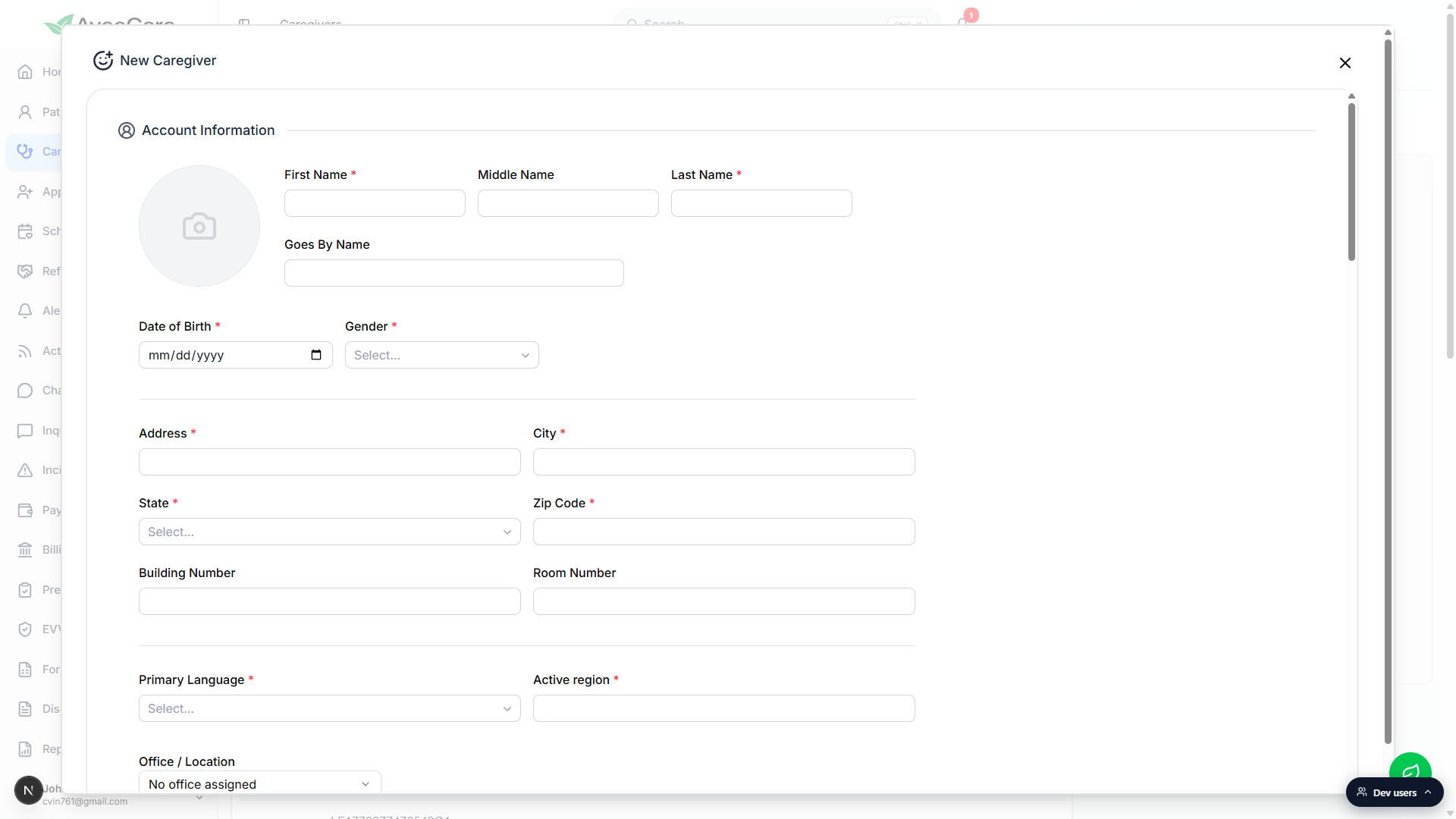 Account Information section of the New Caregiver form