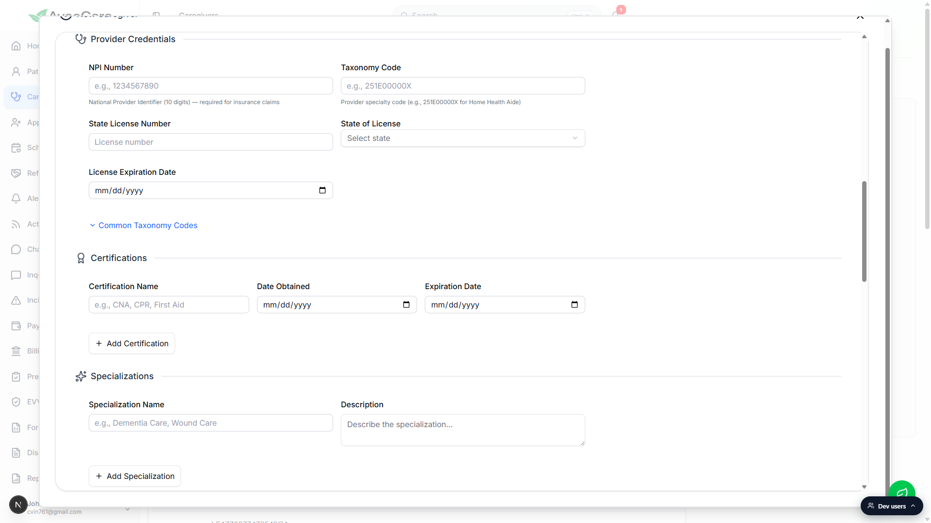 Provider Credentials, Certifications, and Specializations sections of the New Caregiver form