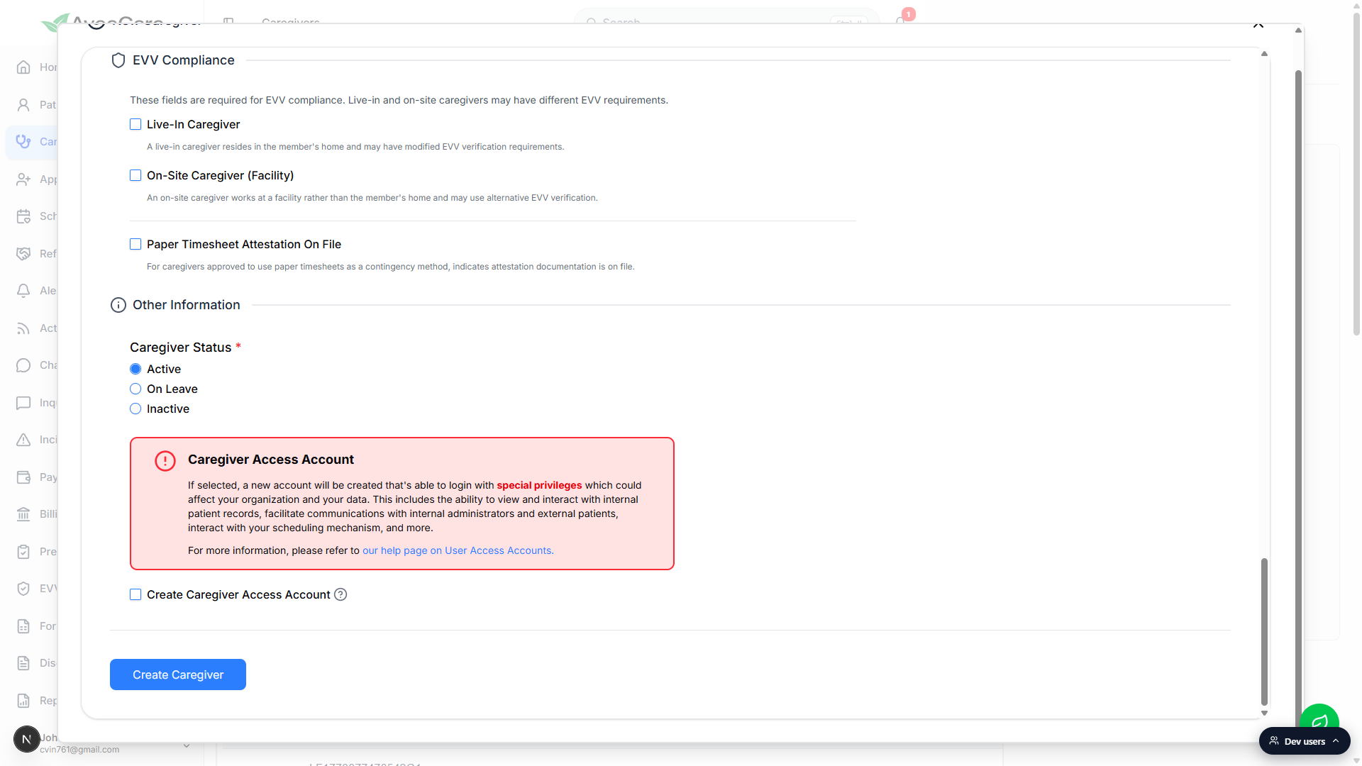 EVV Compliance, Other Information, and Create Caregiver button at the bottom of the New Caregiver form