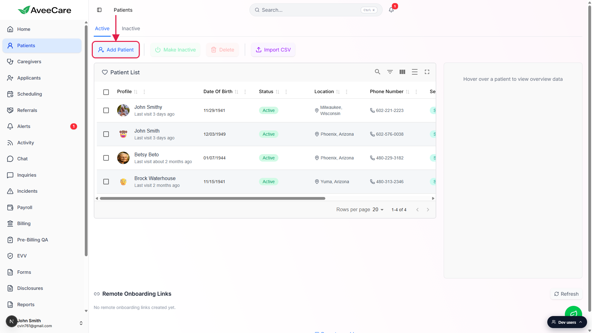 Patients page with the Add Patient button highlighted in red at the top-left of the action bar