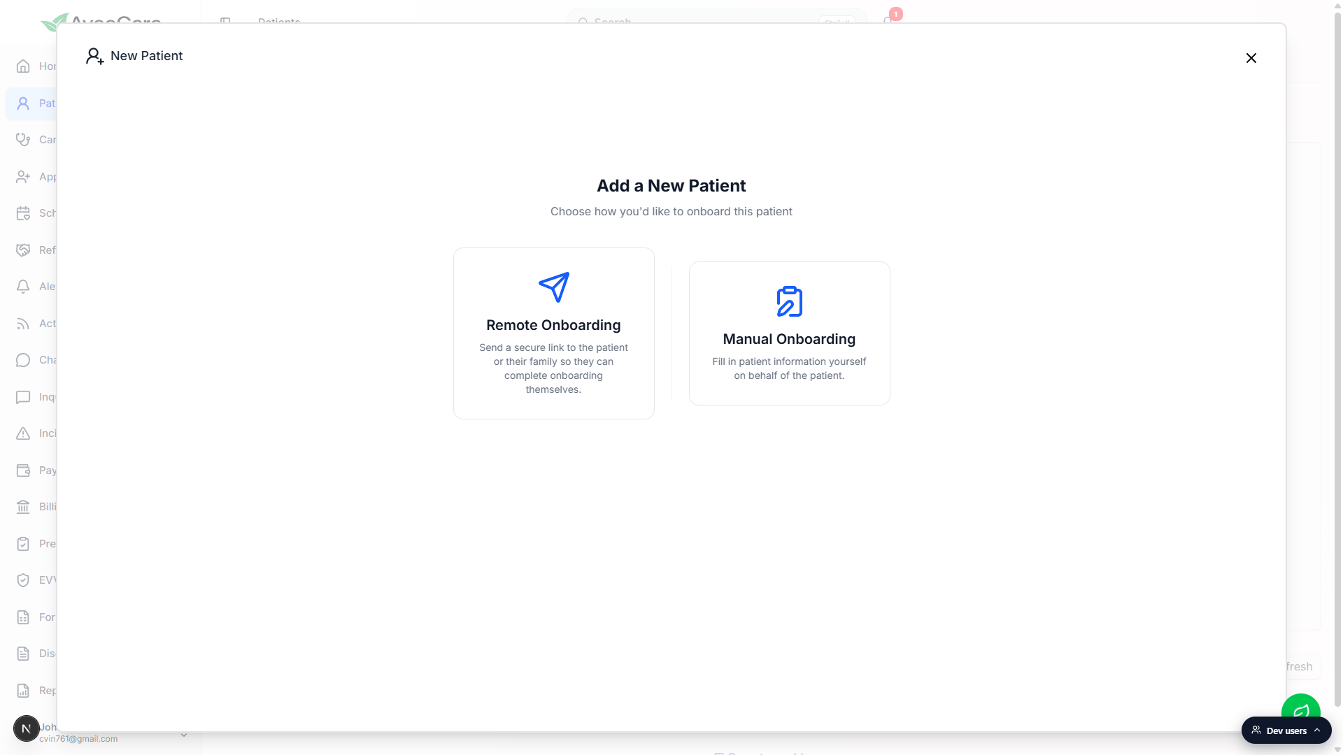 Add a New Patient picker showing the Remote Onboarding and Manual Onboarding cards
