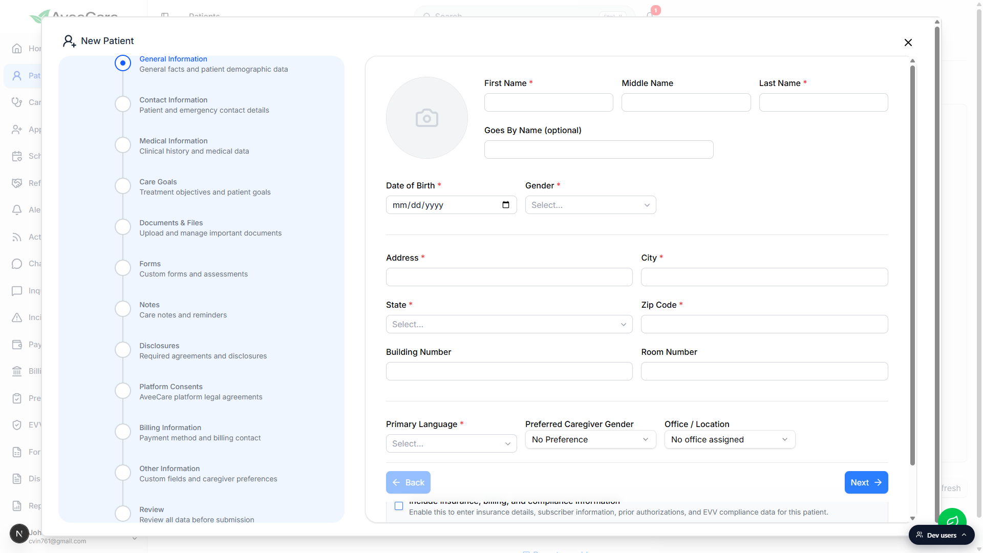 General Information section of the New Patient wizard with name, date of birth, address, and language fields