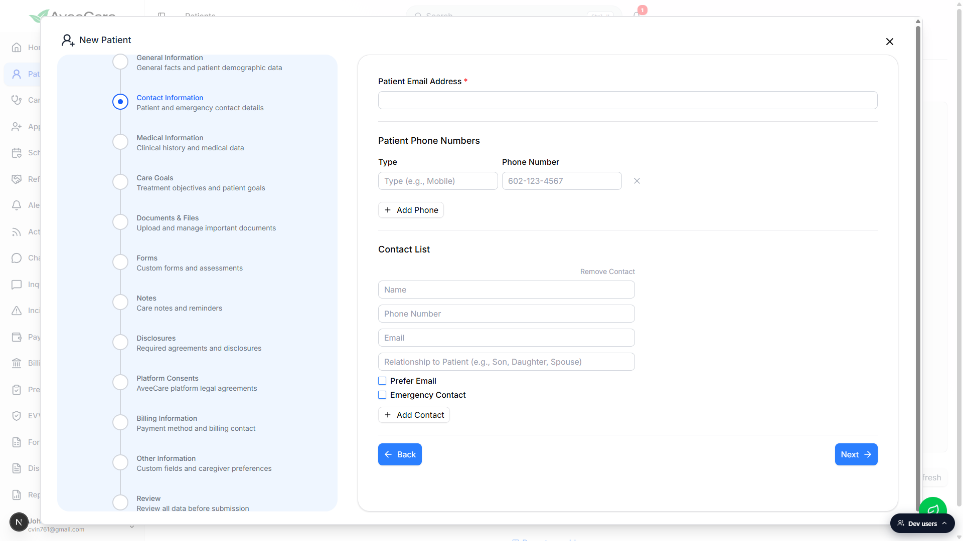 Contact Information section showing Patient Email, Phone Numbers, and the Contact List card with Emergency Contact toggle
