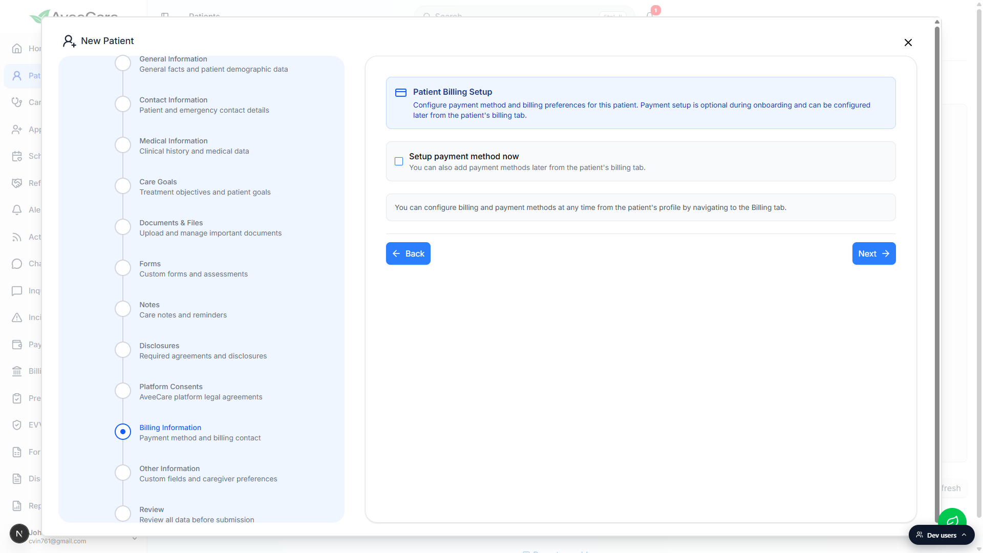 Billing Information section of the wizard showing the Patient Billing Setup card and the Setup payment method now toggle