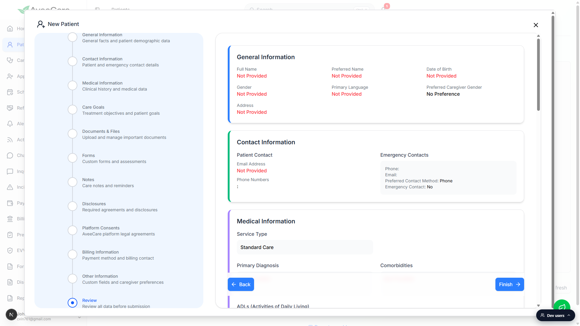 Review section of the wizard with summary cards for General Information, Contact Information, and Medical Information, with a Finish button at the bottom