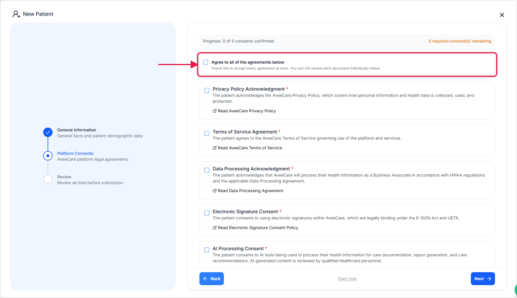 Platform Consents step with the Agree to all of the agreements below checkbox outlined in red above the five individual consents