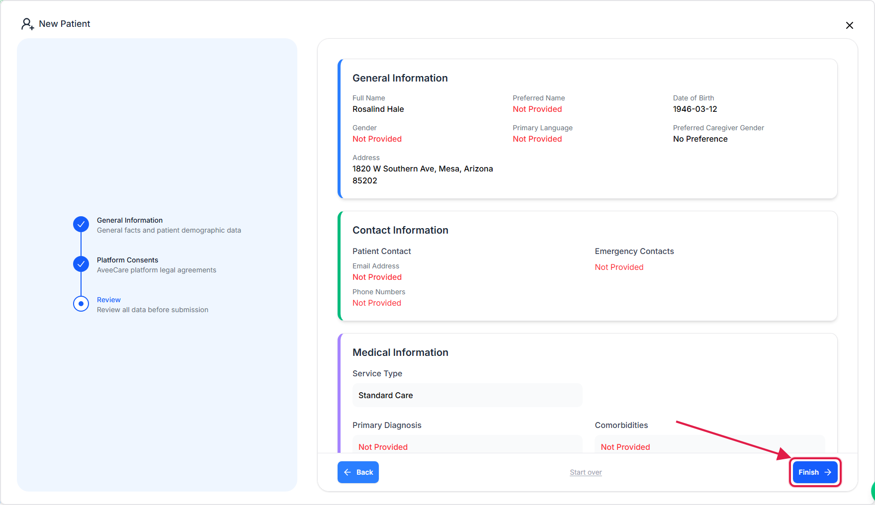 Review step showing General Information, Contact Information and Medical Information summaries with the Finish button outlined in red