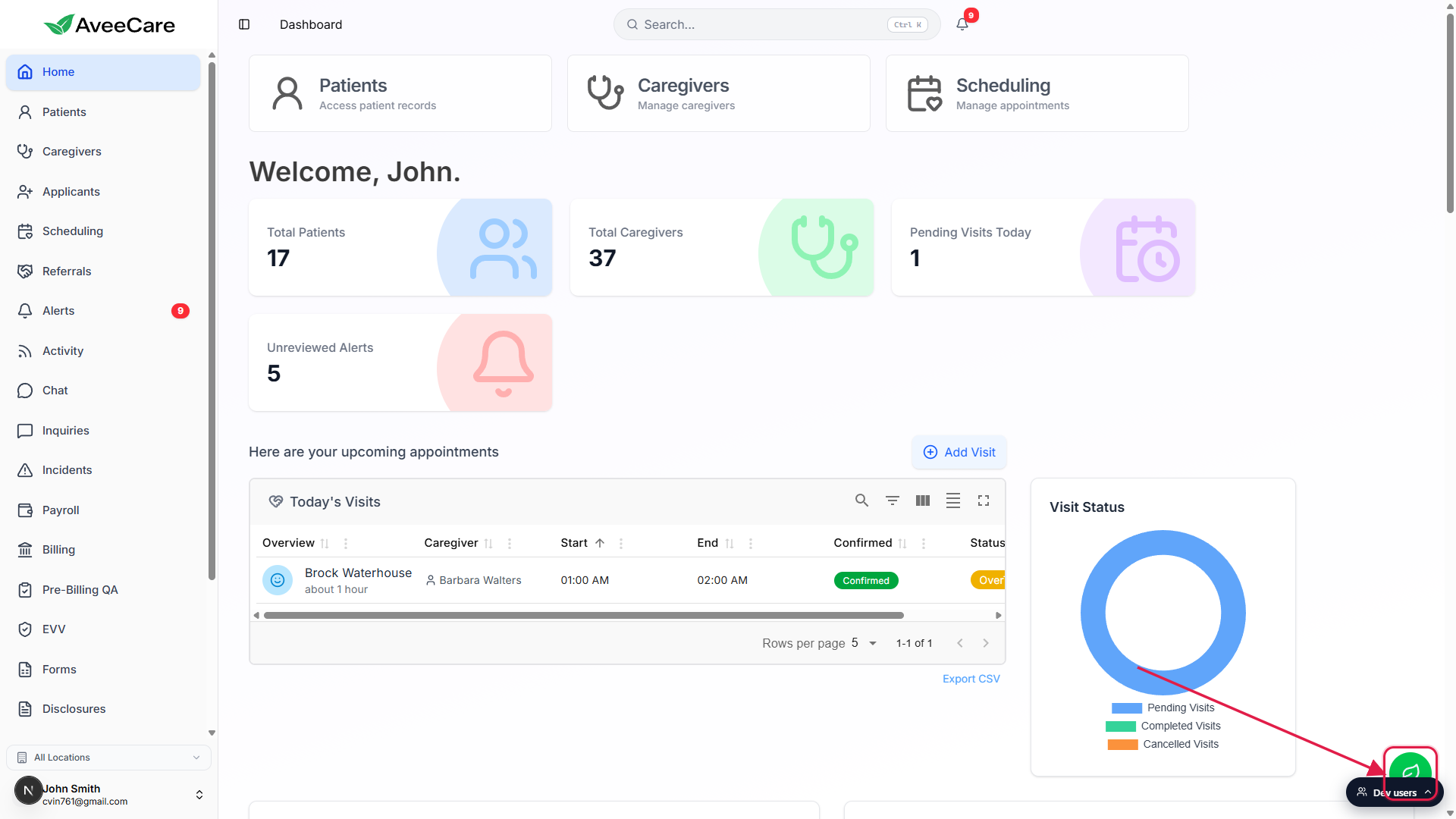 AveeCare Dashboard with the floating green Avee launcher button in the bottom-right corner, called out with a red box and arrow