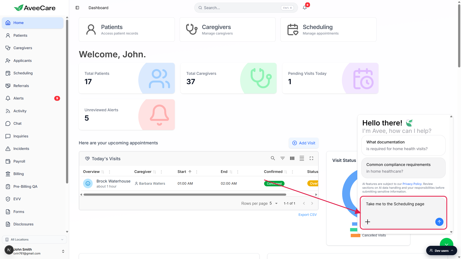 Avee composer at the bottom of the chat panel with the prompt Take me to the Scheduling page typed in, the send button visible to its right, and the whole composer area called out with a red box and arrow