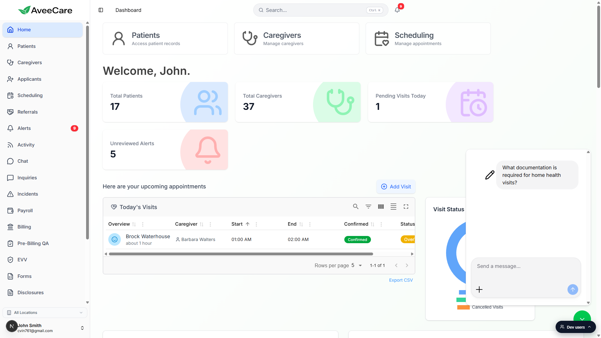 Avee chat panel with the user message What documentation is required for home health visits shown as a bubble at the top of the thread and the empty Send a message composer below