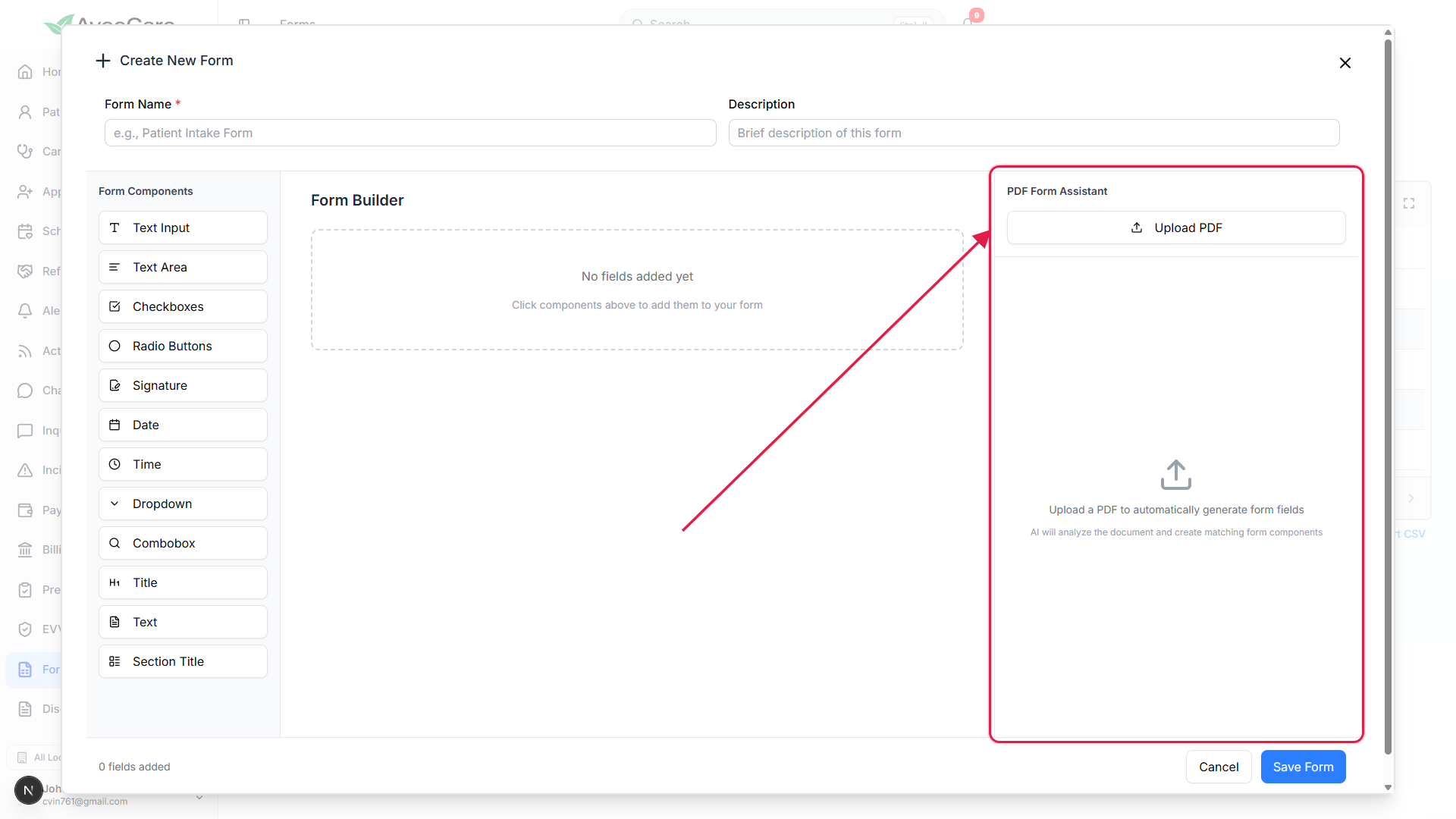 Create New Form modal with the PDF Form Assistant panel on the right called out with a red box, with the Form Components palette on the left and the empty Form Builder canvas in the middle