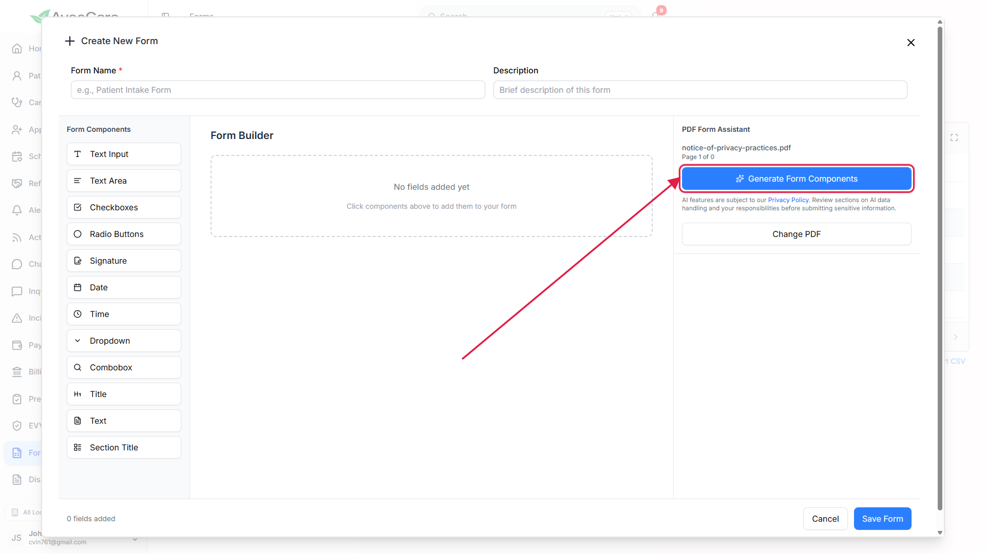 PDF Form Assistant with a PDF uploaded, showing the file name notice-of-privacy-practices.pdf and the blue Generate Form Components button called out with a red box, with the AI usage notice and Change PDF button below