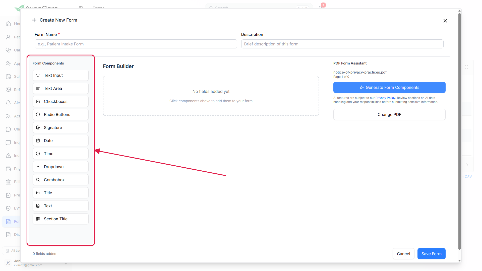 Form Components palette on the left of the Create New Form modal called out with a red box, listing Text Input, Text Area, Checkboxes, Radio Buttons, Signature, Date, Time, Dropdown, Combobox, Title, Text, and Section Title