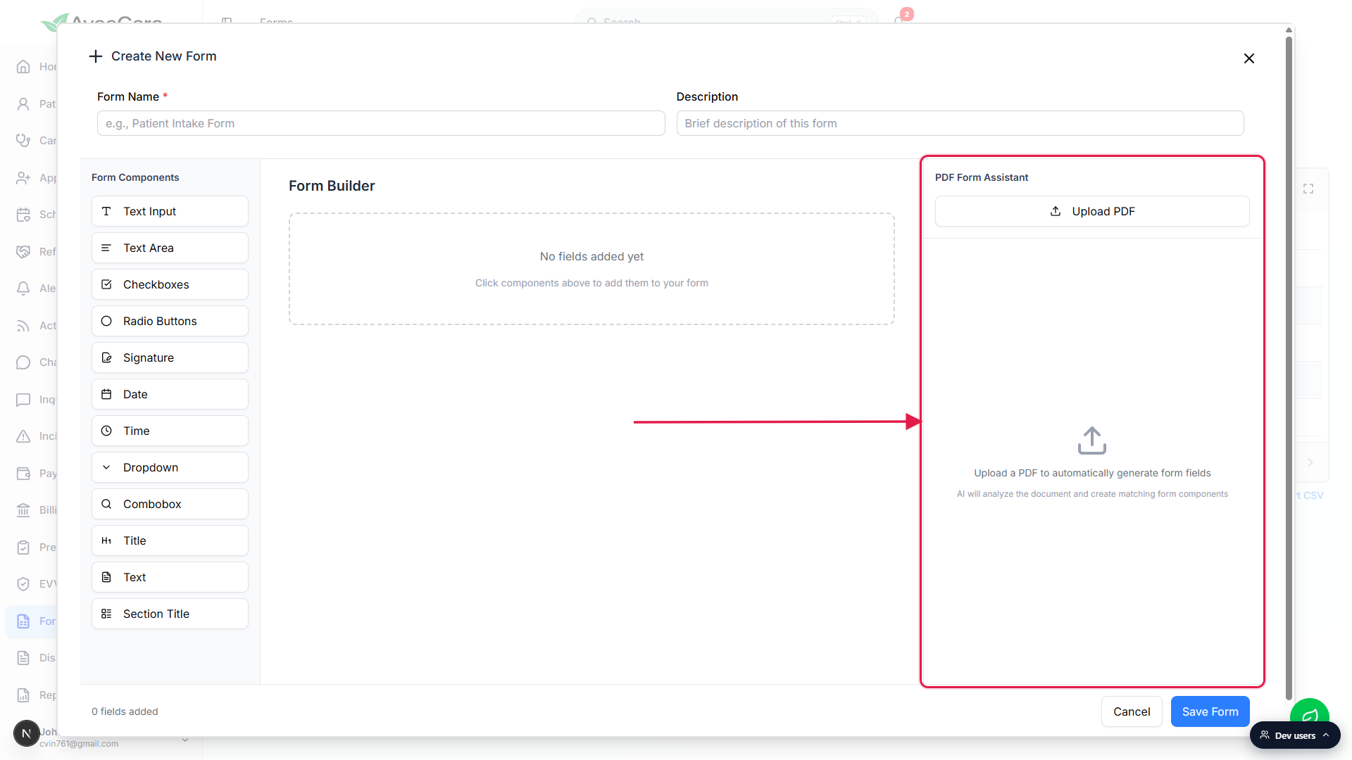 Create New Form modal showing the PDF Form Assistant panel on the right called out with a red box, next to the Form Components palette on the left and the empty Form Builder canvas in the middle