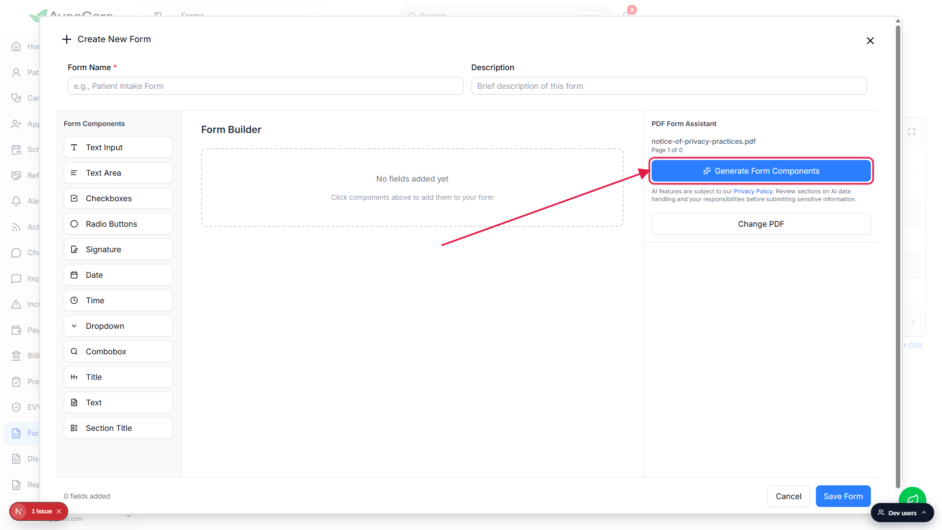 PDF Form Assistant with a PDF uploaded, showing the file name, the blue Generate Form Components button called out with a red box, and the AI usage notice with a Privacy Policy link underneath