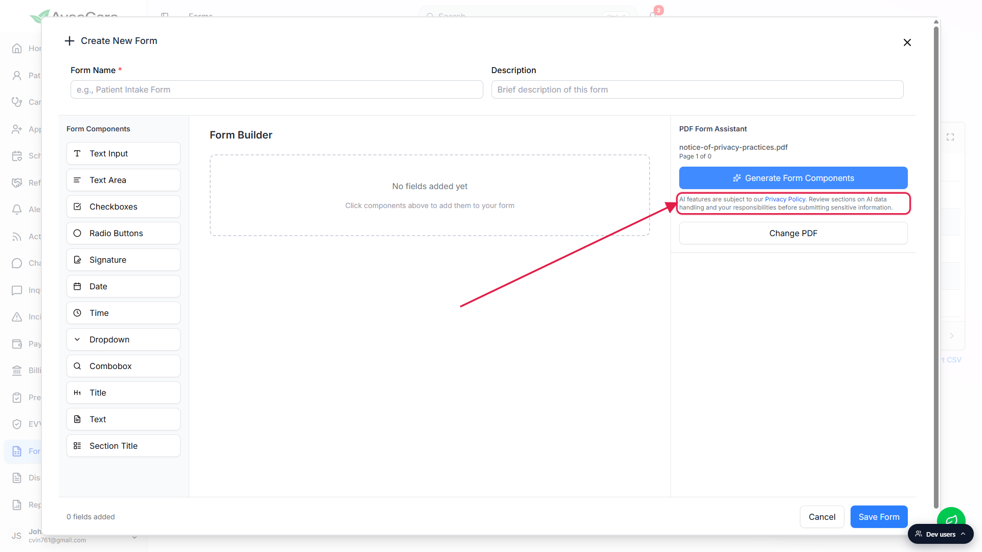 PDF Form Assistant with the AI usage notice paragraph called out with a red box, the notice references the AveeCare Privacy Policy and reminds you to review AI data handling before submitting sensitive information