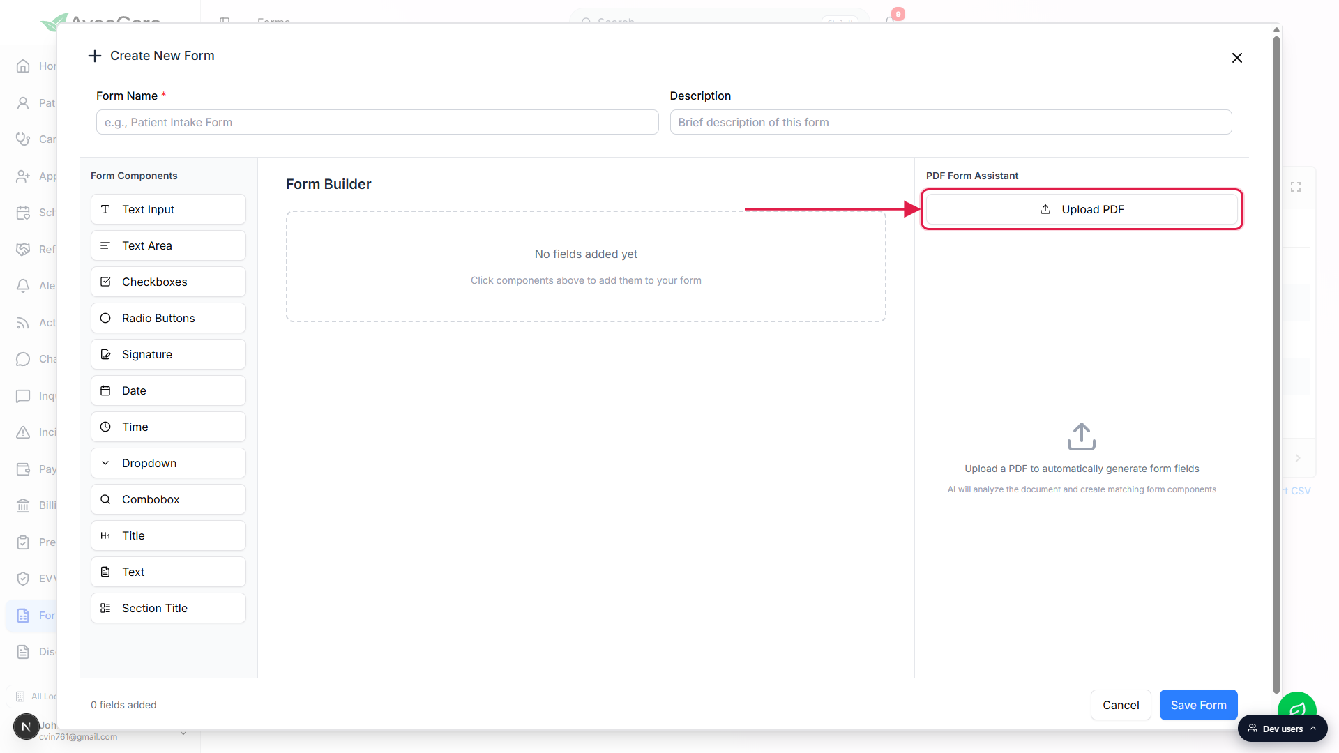 Create New Form modal with the PDF Form Assistant column on the right, the Upload PDF button called out with a red box