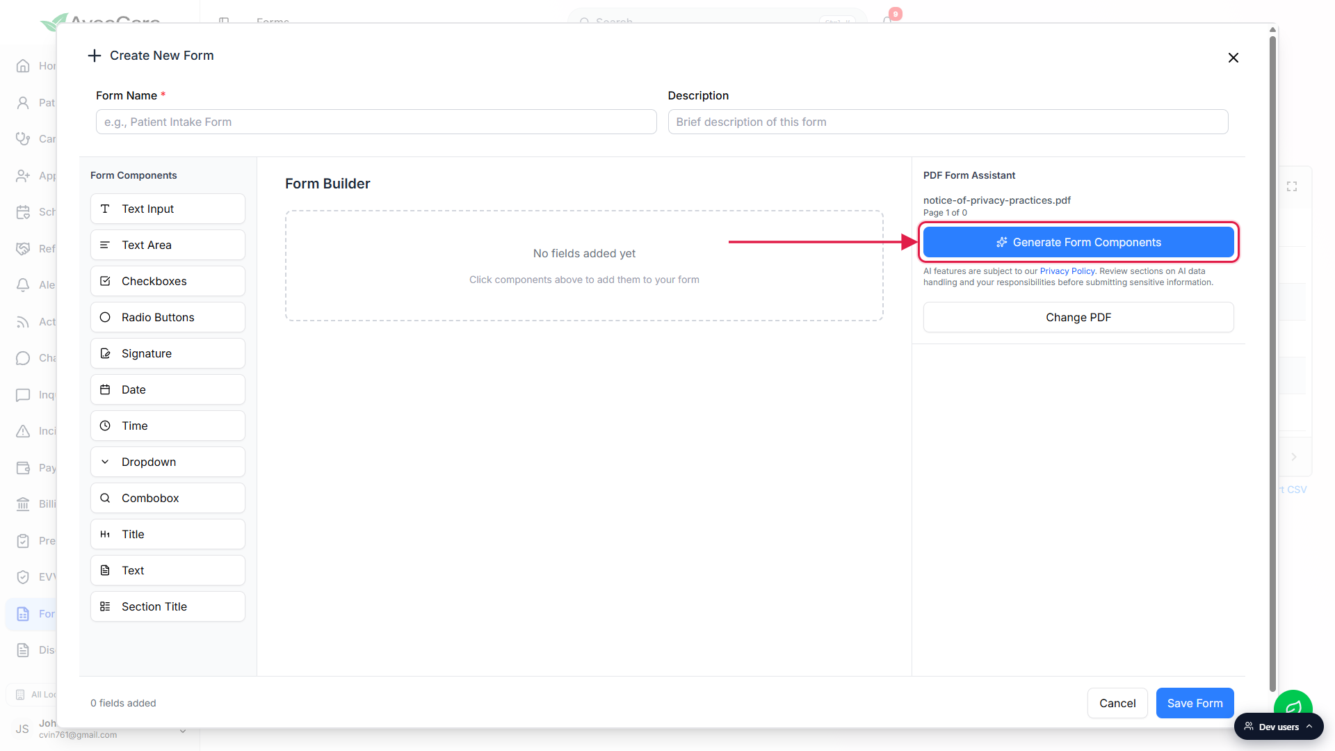 PDF Form Assistant panel with a PDF uploaded, showing the file name, Page counter, and the Generate Form Components button called out with a red box