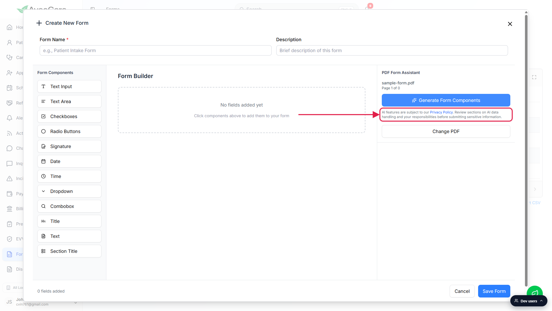 PDF Form Assistant with the AI features privacy notice paragraph called out with a red box, including the Privacy Policy link