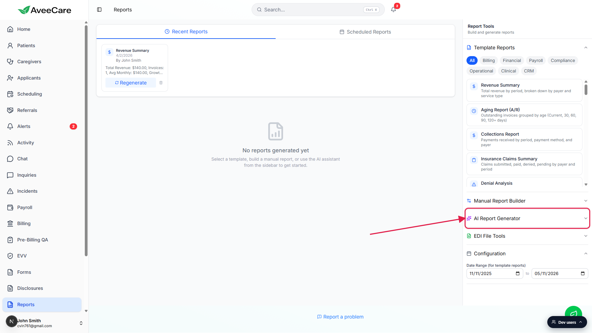Reports page with the AI Report Generator accordion in the right rail, called out with a red box