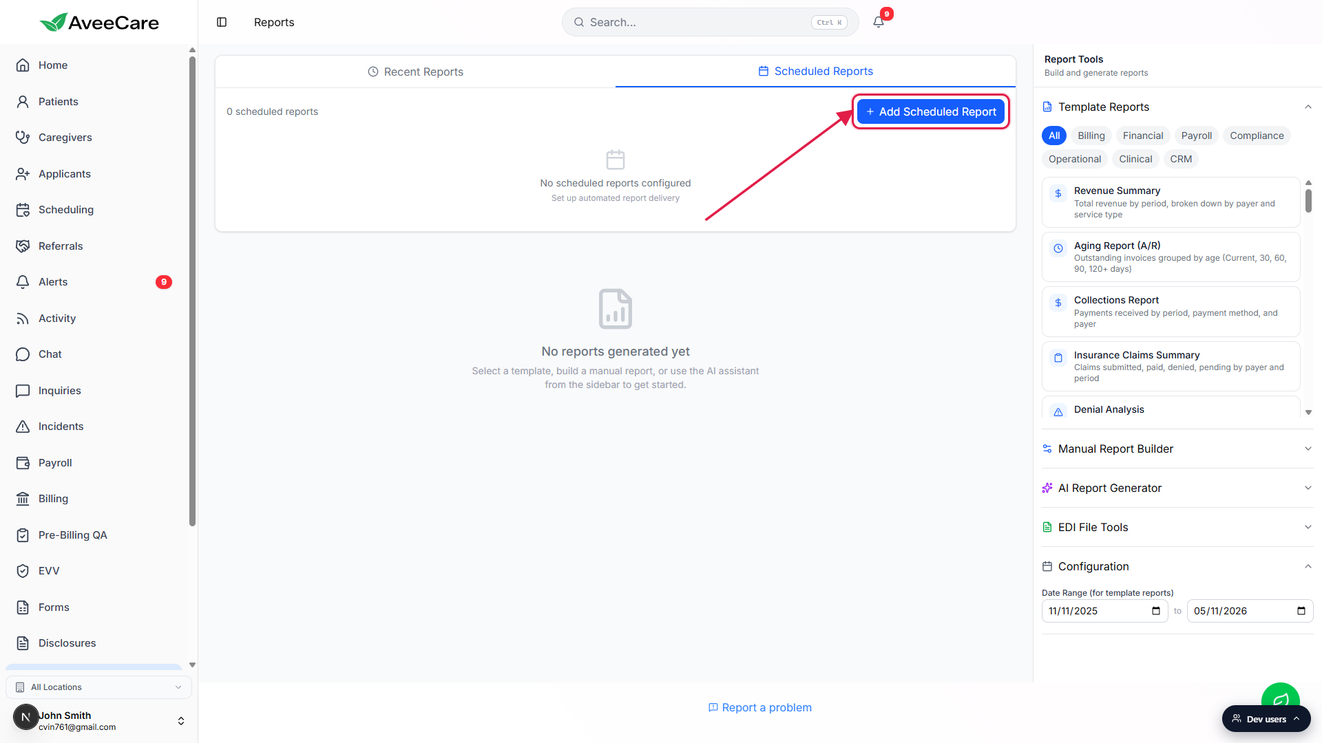 Reports page with the Scheduled Reports tab active and the Add Scheduled Report button on the right called out with a red box and arrow