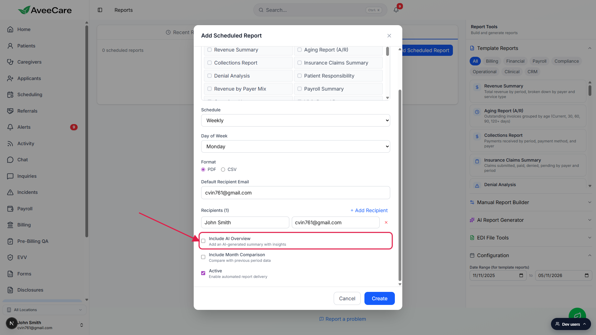 Add Scheduled Report modal scrolled to show the Include AI Overview checkbox called out with a red box and arrow